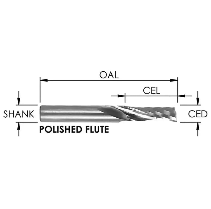 O-Flute Single Flute Up Cut 1/4” D x 3/8” CL x 1/4” Shank x 2” Oal Rapid Tool